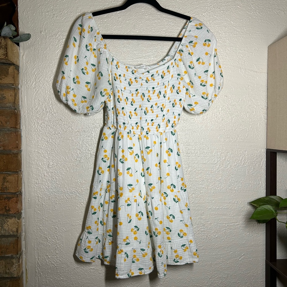Lush White Lemon-Print Puff Sleeve Mini Dress